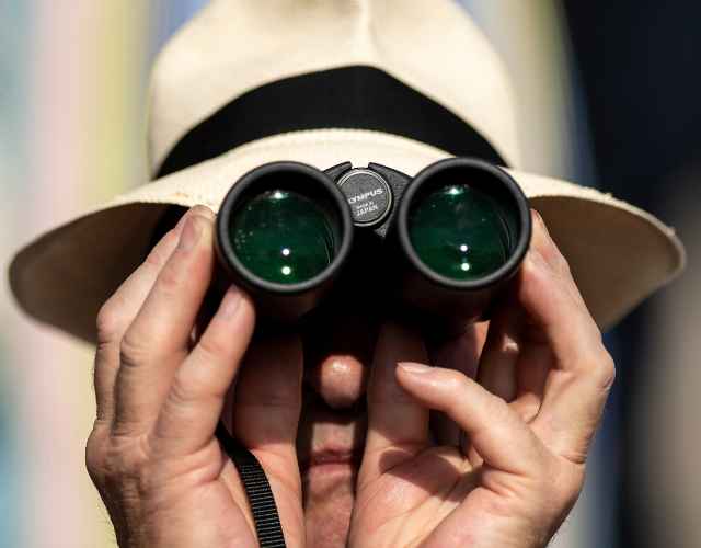 Racegoer carefully watches the race through his binoculars