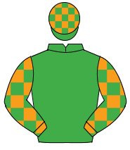 EMERALD GREEN, orange check sleeves & cap