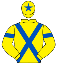 YELLOW, royal blue cross sashes, royal blue armlet, royal blue star on cap