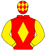 RED, yellow diamond & sleeves, yellow diamonds on cap