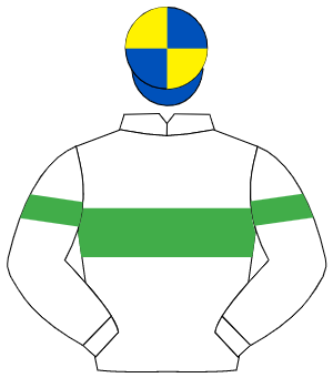 WHITE, emerald green hoop, emerald green armlet, royal blue & yellow quartered cap