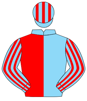 LIGHT BLUE & RED HALVED, striped sleeves & cap